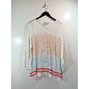 C&C California Women’s Linen Blouse Size 2X Button Up Multicolor Stripes Beachy‎